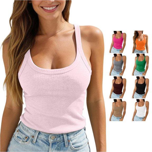 Tanghaowl Tank Tops for Women, Women Spaghetti Strap Neck Ribbed Tank Top Slim Fitted Camisole Basic Sleeveless Layering Shirt Casual Round Neck Vest Pink M