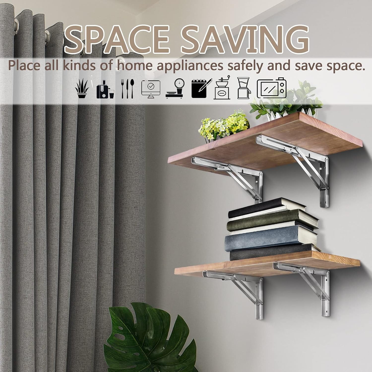 Pynsseu 24 inch Folding Shelf Brackets, Brushed Stainless Steel, 2 Pack