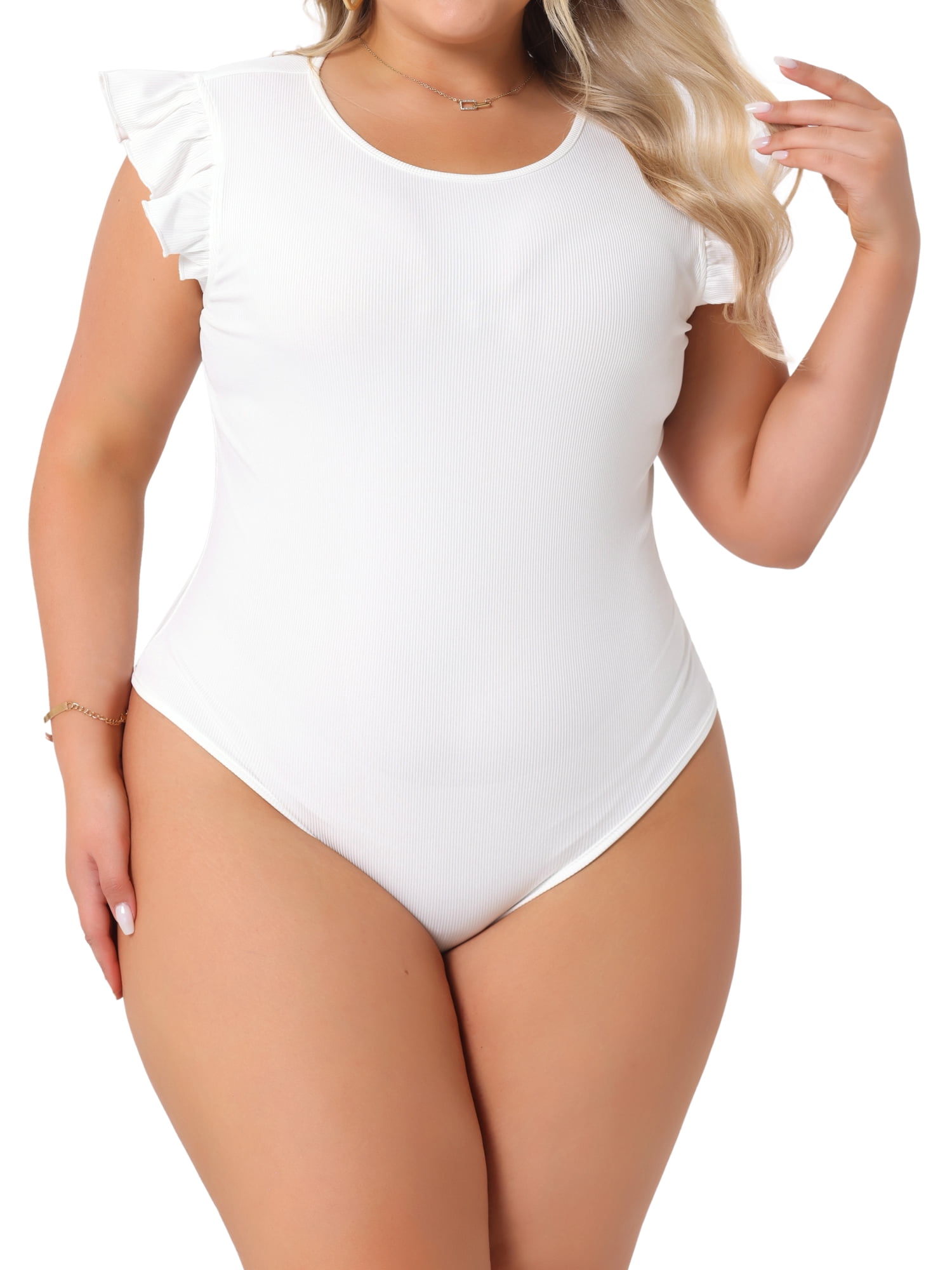 DARING DIVA Women's Plus Ruffle Sleeveless Slim Fit Stretchy Bodysuit 2X White