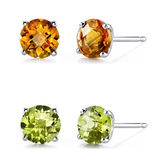 18k White Gold 3 Ct Citrine and Peridot Round Plated Stud Earrings by Paris Jewelry