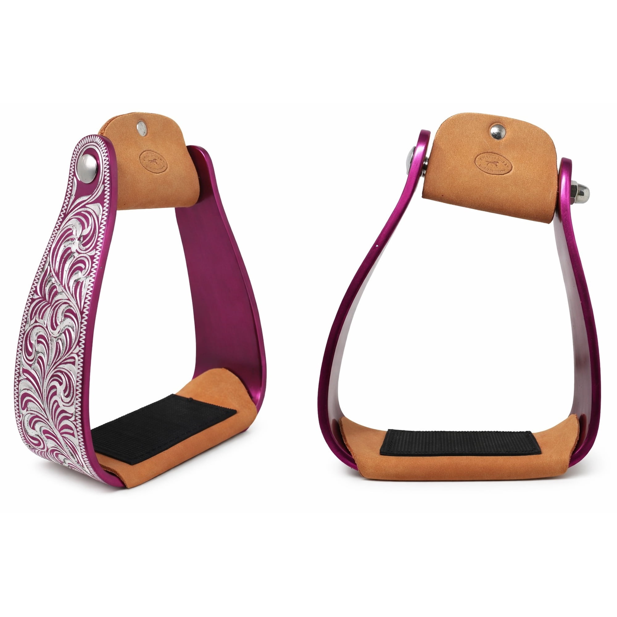 Horse Western 5 Slanted Offset Angled Pink Engraved Aluminum Show Stirrups 51227PK