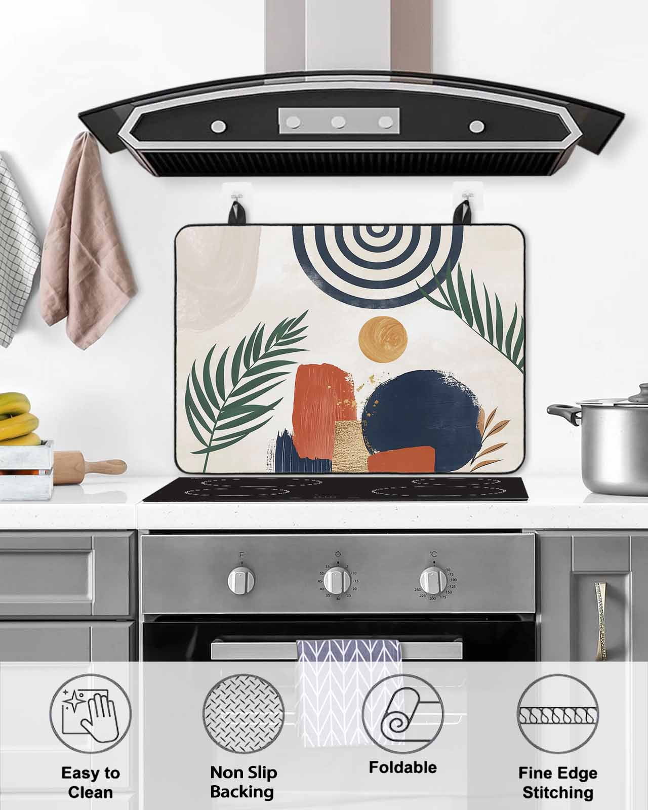 Large Induction Cooktop Protector Mat Boho Stove Top Covers for Electric Stove, Middle Century Leaves Bohemia Minimalist Abstract Art Beige Decorative Stove Burner Cover Mats, Glass Top Stove Cover