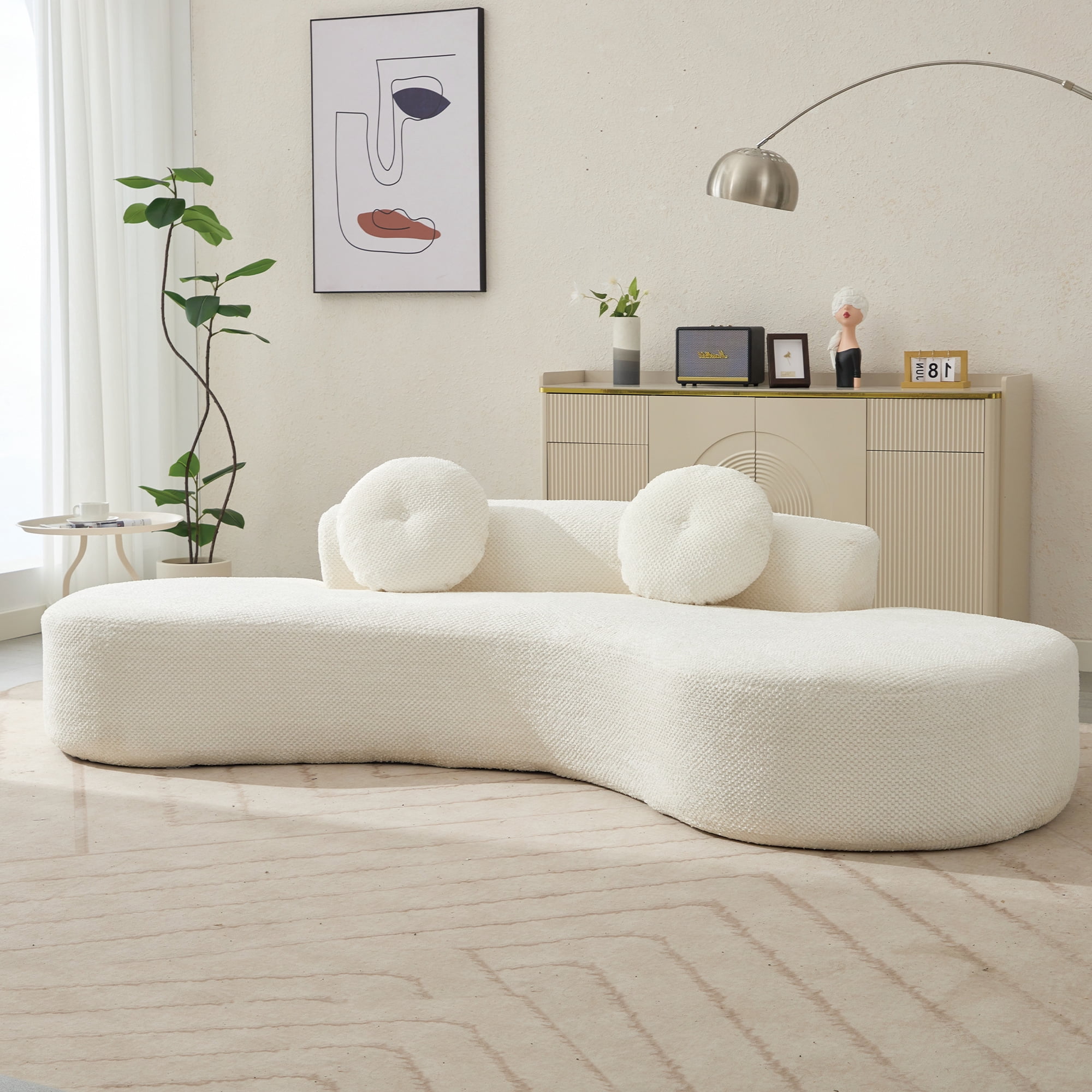 Aukfa 106" Deep Seat Sofa Curved Sleeper Couch for Living Room, 2 Pillows, Corduroy, Beige