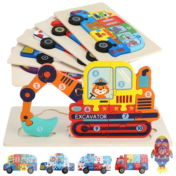 sixwipe 6 Pcs Wooden Puzzles for Toddlers 1-3, Preschool Learning Simple Jigsaw Vehicle Puzzles for 1 2 3 Years Old Boys Girls, Wood Car Truck Shape Puzzles for Toddler Sensory Toys Gifts