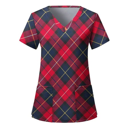 

TAIAOJING Women Scrubs Top Ladies Casual Christmas Plaid Print Short Sleeve Pocket Loose Top Care Workwear