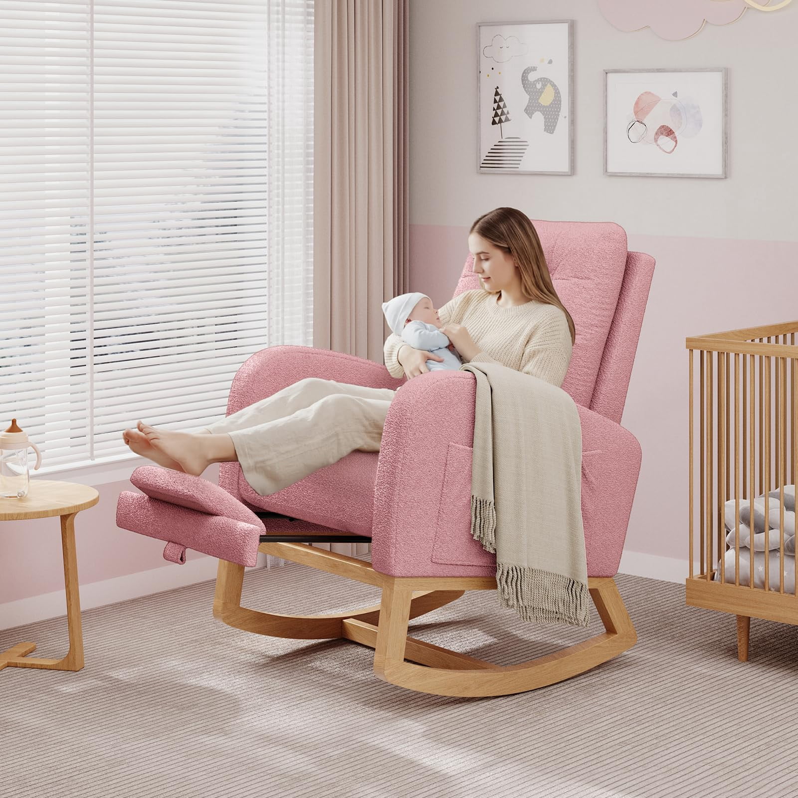Modern Linen Upholstered Rocking Chair - Glider Chair with Side Pocket for Living Room Bedroom Nursery
