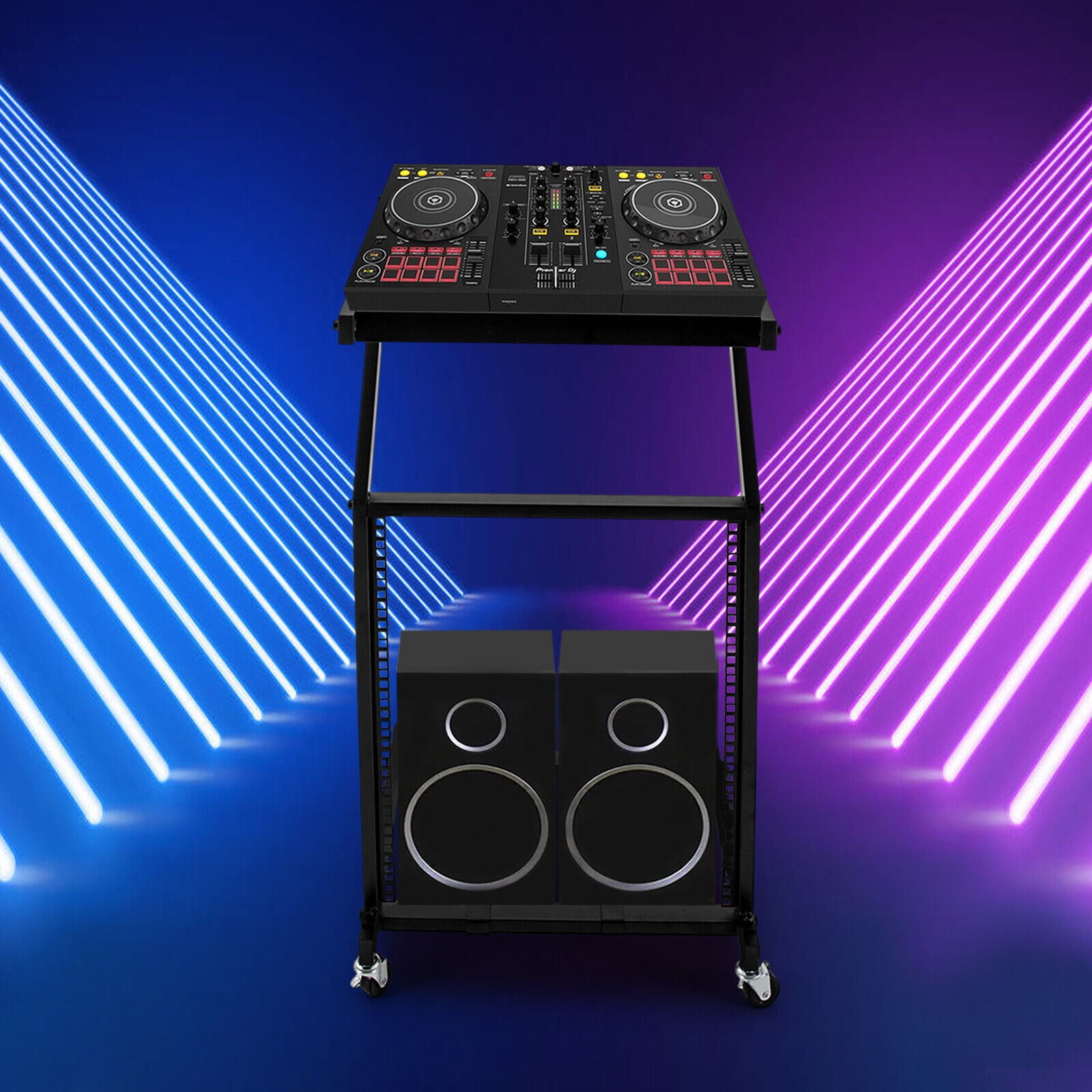 12U Professional DJ Stand with Adjustable Top Platform, Iron Frame, 4 Lockable Wheels, and Two-Tier Storage for Mixers, Amplifiers & Equipment - Black