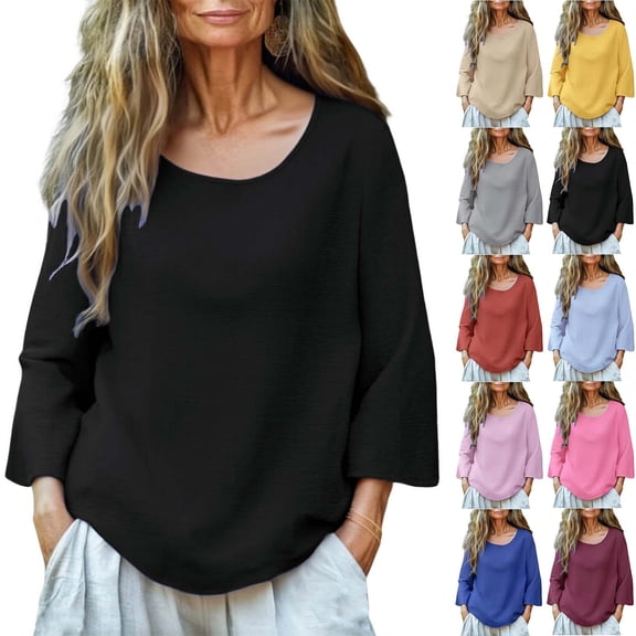 yoeyez Cotton Linen Tops for Women 3/4 Sleeve Tunic Tops Loose Crew Neck Solid Color T Shirts Dressy Lightweight Business Casual Blouse Yellow,XL