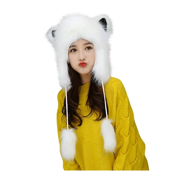 qolati Cute Ear Winter Hat for Women Men Puffy Plush Warm Beanie Cap Christmas Faux Fur Headwears Earflap Hood Hat