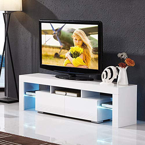 Mecor Modern White Tv Stand With Led Lights High Gloss Tv Stand For 65 Inch Tv Led Tv Stand With Storage And 2 Drawers Living Room Furniture White Walmart Com Walmart Com