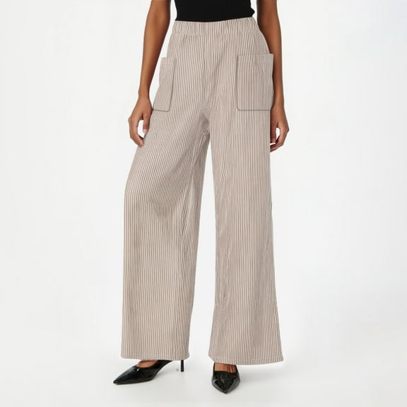 Summer Women’s Pants Plus Size Striped Elastic Hign Waist Striaght Leg Full Pants Women Fashion Casual Loose Lounge Leisure pants With Pocket S-2XL