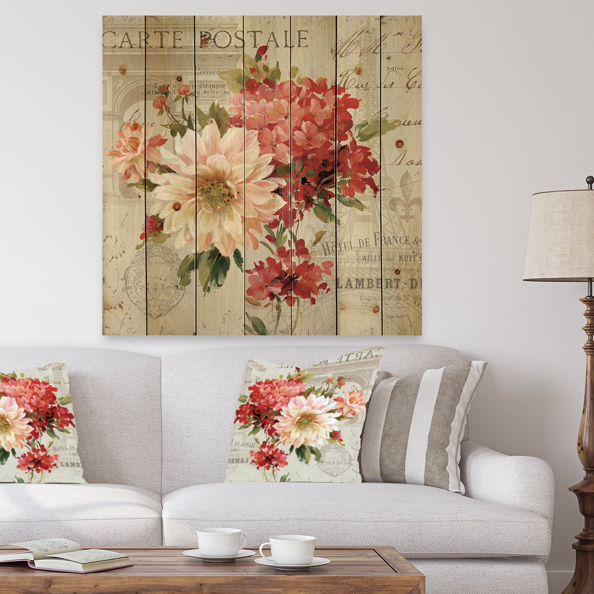 Designart 'Vintage Postcard with Red Flowers I' Traditional Print on Natural Pine Wood