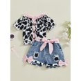 thumbnail image 2 of aturustex Little Girls 2pcs Casual Shorts Outfit 12M 18M 2T 3T 4T 5T Toddler Baby Short Sleeve T-Shirt Cow Print Shirts Crew Neck Ruffled Tops and Elaaily Clothes Beachwear for Holiday Party, 2 of 6