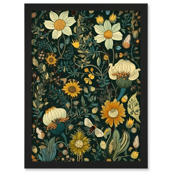 Bee Flying over Flower Wildflower Spring Field Artwork Framed Wall Art Print A4