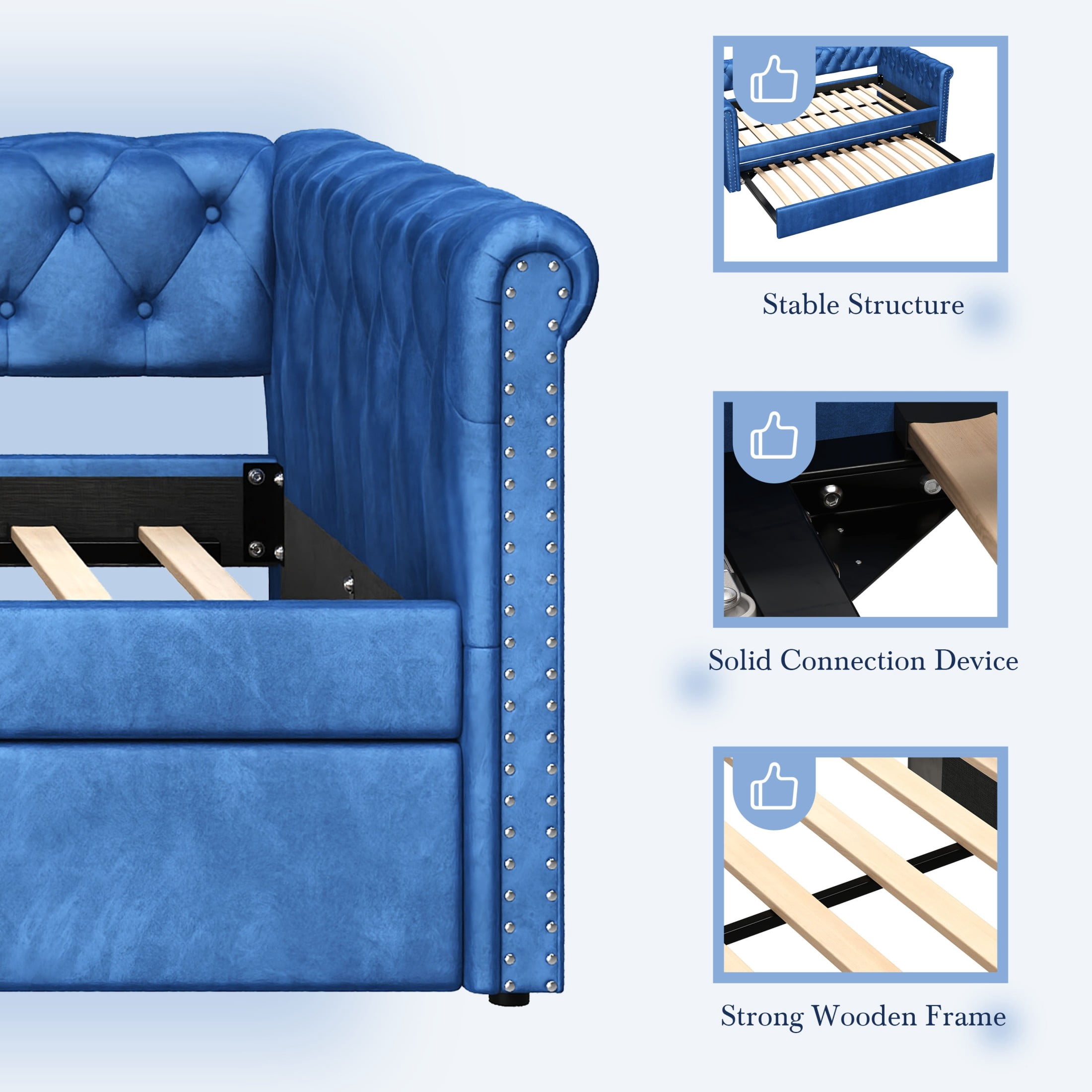 Christopher Knight Home Velvet Upholstered Daybed with Trundle, Modern Tufted Button Design, Blue