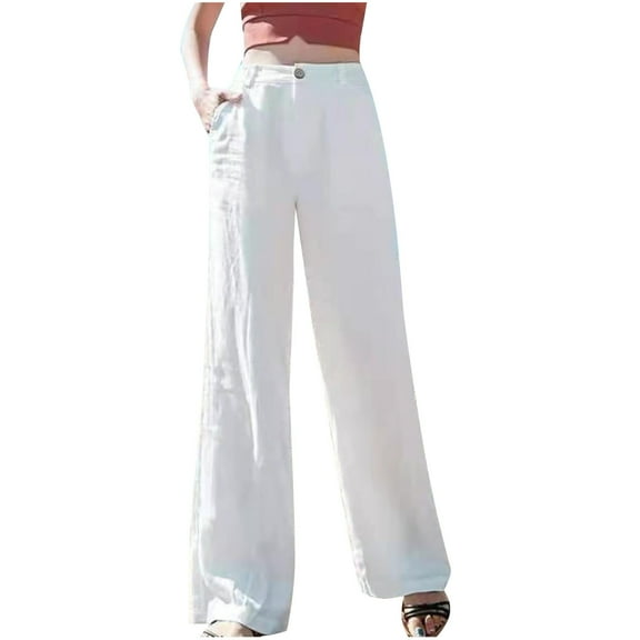 Maean Women's Cotton Linen Pants Elastic High Waisted Straight Wide Leg Casual Business Pants with Pocket