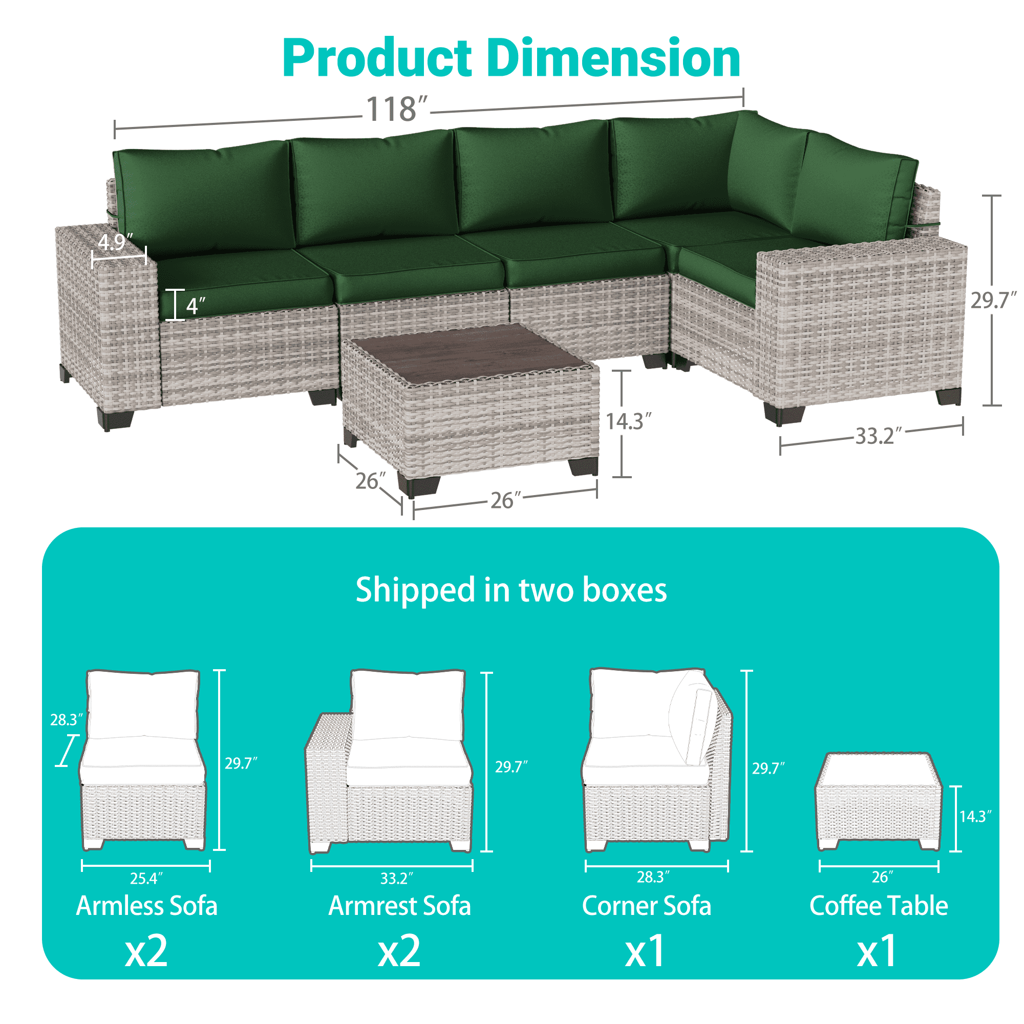 6-Piece Outdoor Patio Furniture Set, PE Wicker Rattan Sectional Sofa Conversation Set with Tempered Glass Table & Thick Cushions - All-Weather Garden, Backyard Furniture,Dark Green