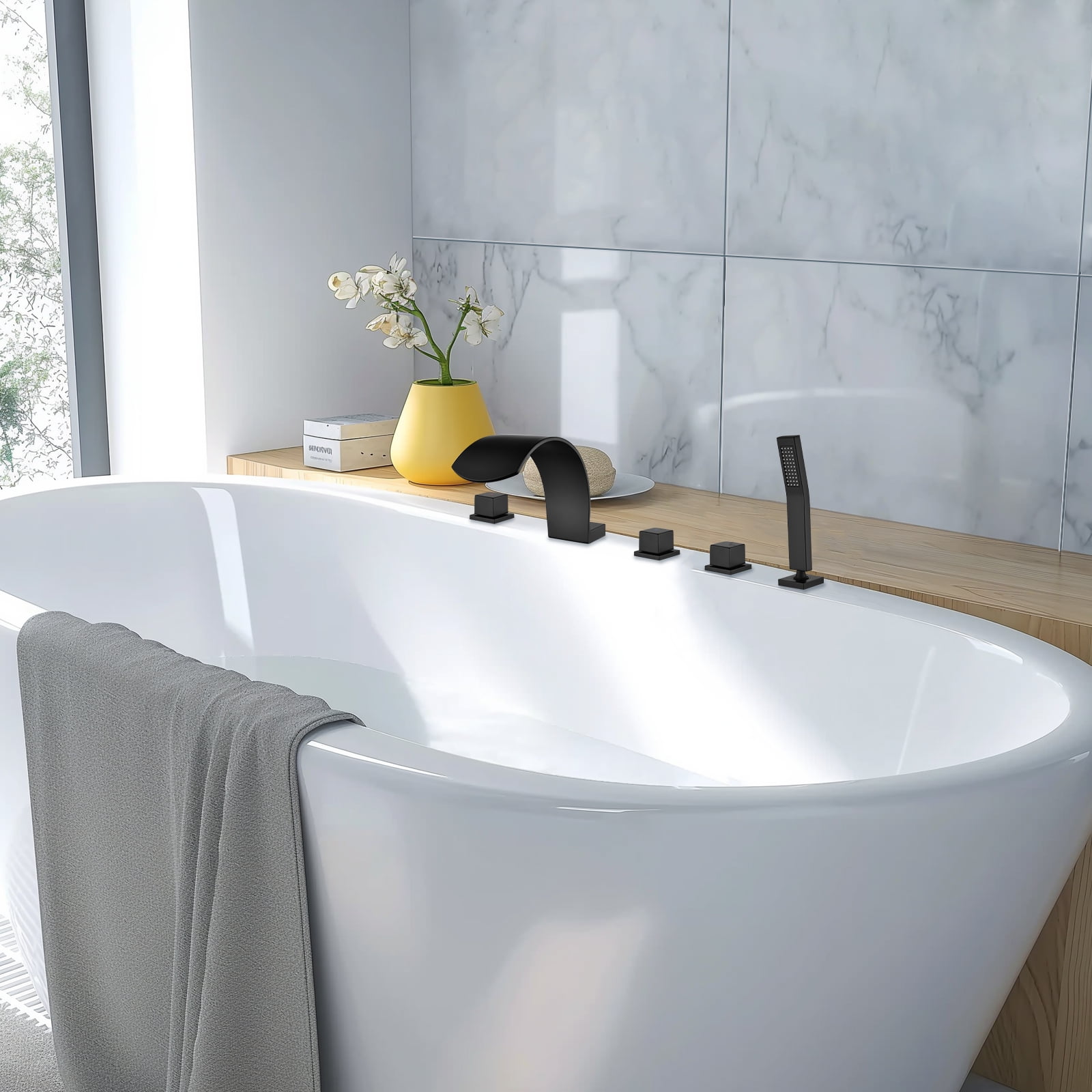 Cobbe Deck Mount Bathroom Bathtub Faucet with 2 Switches, 1 Diverter Knob, 3.74-Inch Wide Waterfall Spout and Handheld Sprayer Matte Black