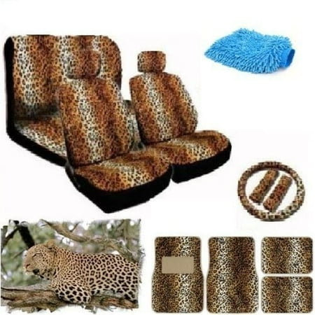 Front Row Leopard - Unique Imports 16pcs Brown Leopard Interior Seat Cover set Front Low Back Seat Cover