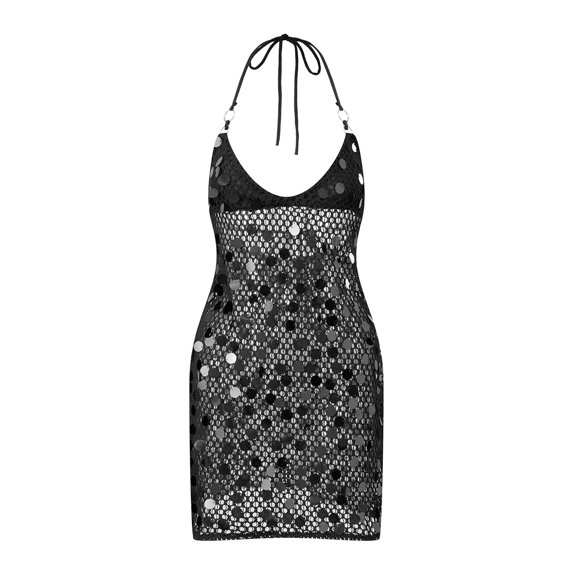 LMLYSoH Women's Halter Neck Knit Dress Sequin Sleeveless Hollow Out Bodycon Mini Dress Clubbing Dress
