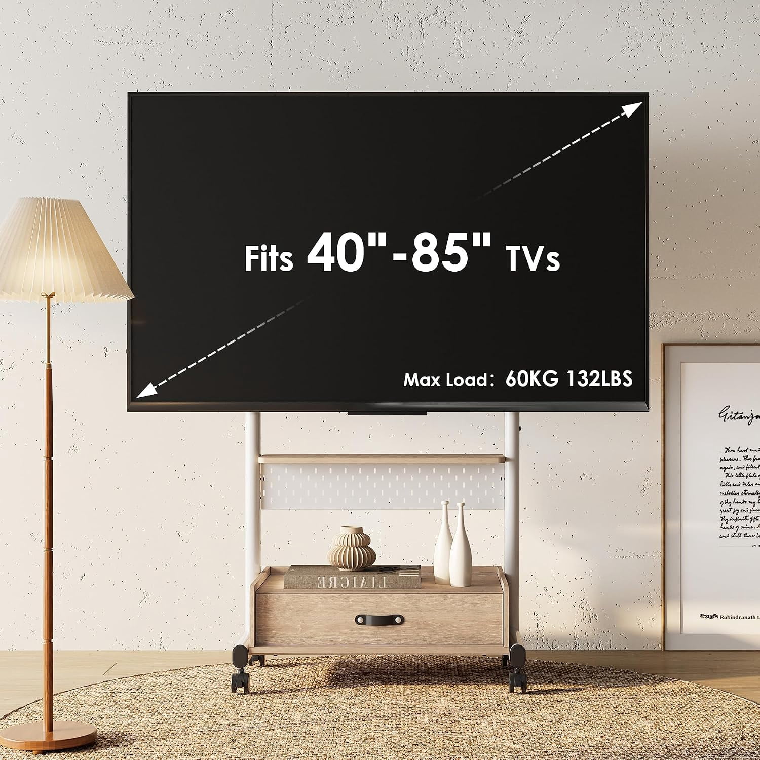 FITUEYES Rolling TV Stand for 40–85 Inch TVs, White, Drawers & Pegboard, Storage Shelf