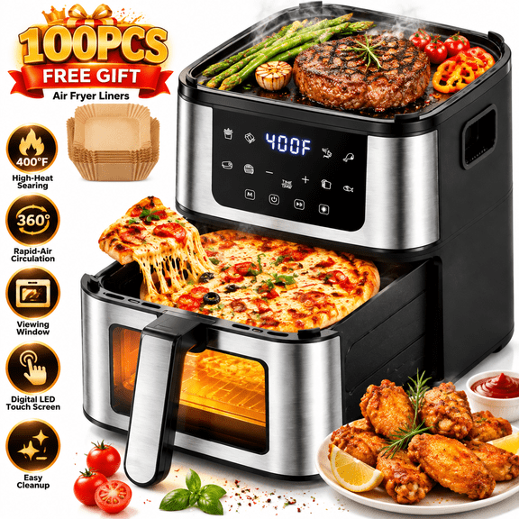 7.5QT Air Fryer with Viewing Window & Light, Grill Plate for Steakhouse-Style Searing, 1450W Fast Cooking, 92% Less Oil, 8 Presets, 160°F-400°F, 120-Min Timer, Dishwasher-Safe Basket