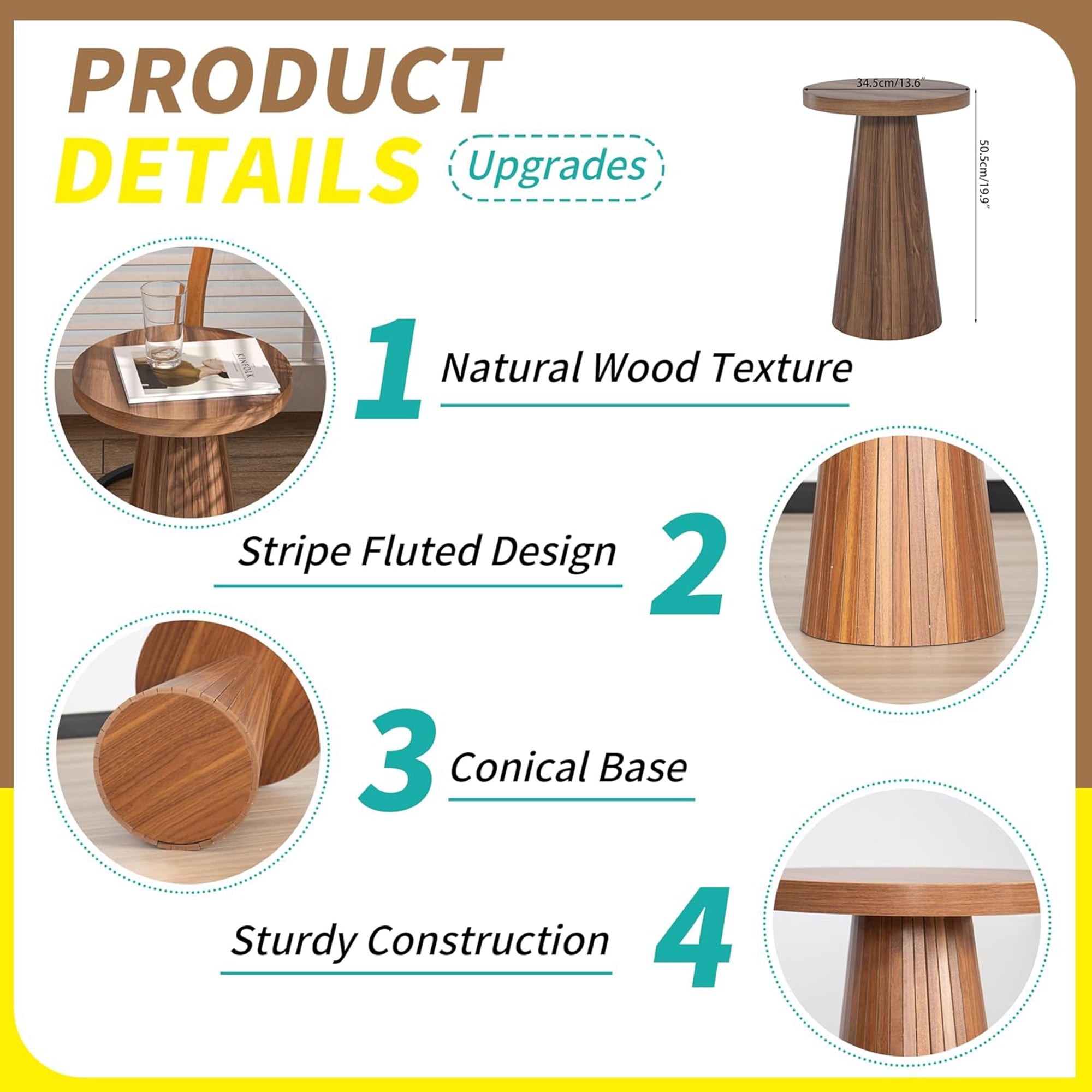 Small Round Pedestal End Table Fluted Drink Table Martini Table Accent Side Table for Living Room