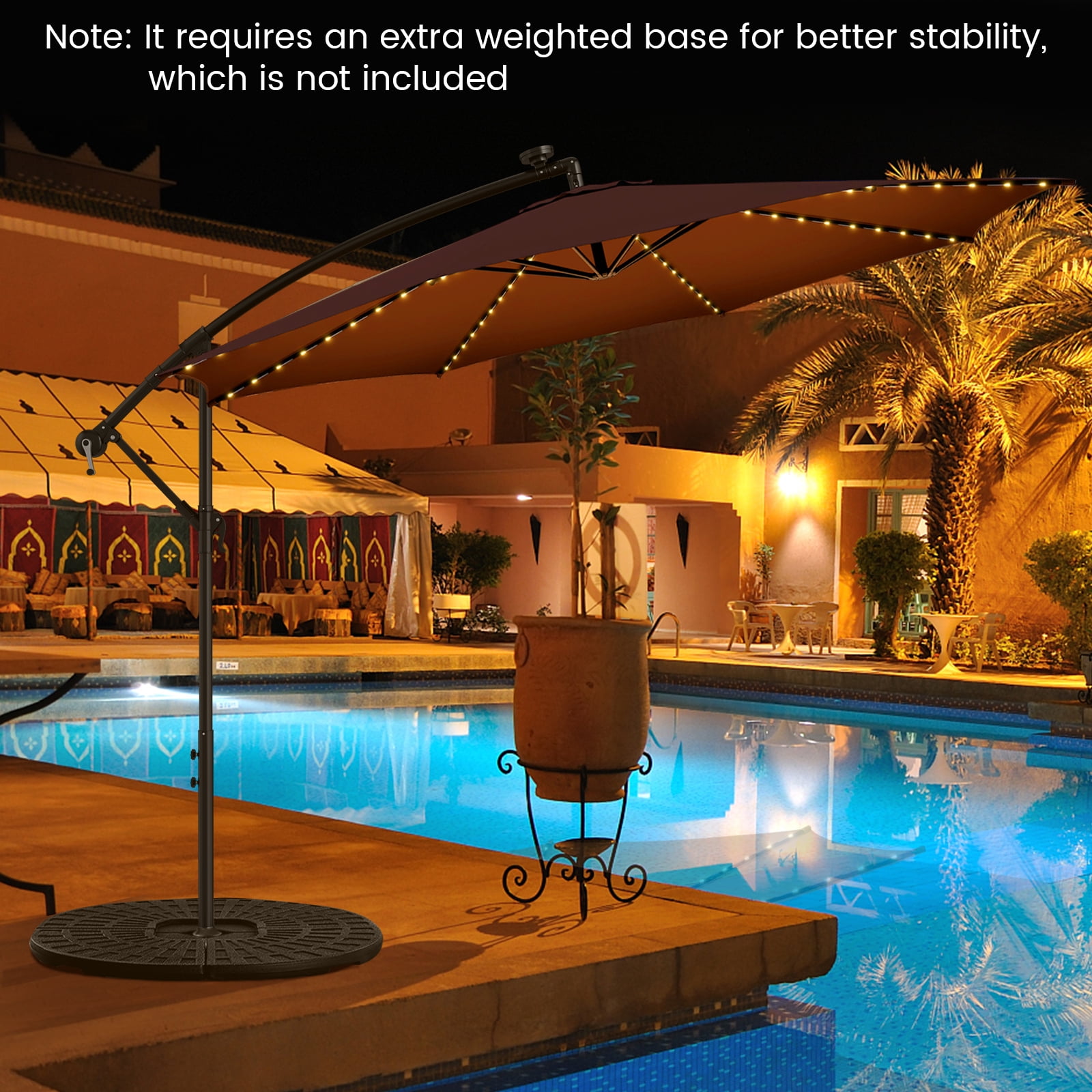 Topbuy 10FT Solar Offset Umbrella Tilted Cantilever Umbrella with 112 LED Lights Lighted Patio Sun Shade with Crank Handle Coffee