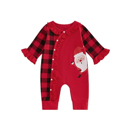 

Michellecmm Baby Girl Snap-up Christmas Jumpsuit Santa Claus Plaid Ruffled Romper