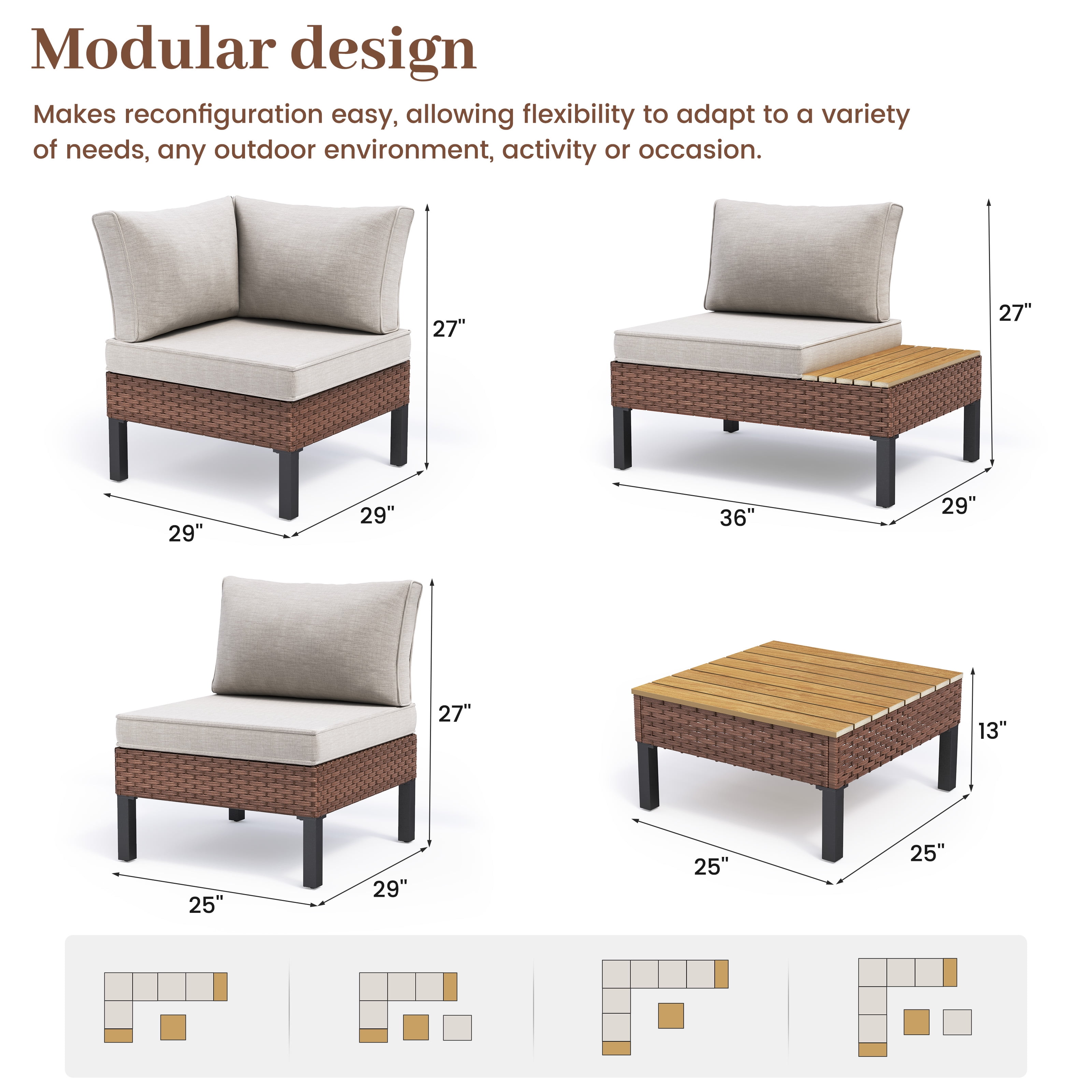 ELPOSUN Patio L Shaped Conversation Sectional Sofa Set with Coffee Table, 5 Pieces Patio Furniture Seating Group with Side Table for Backyard Garden, Beige Grey
