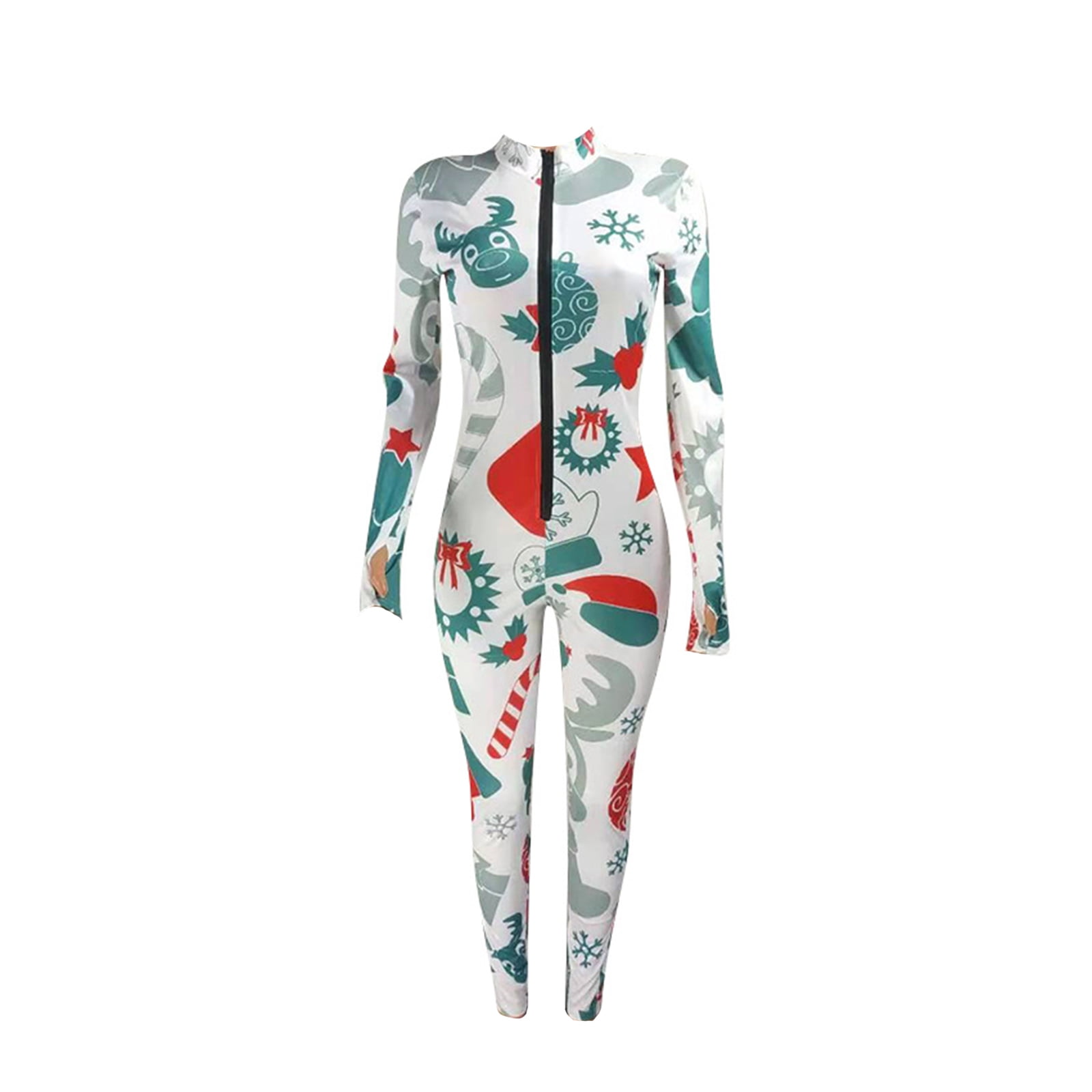 Women's Christmas Jumpsuit Soft Long Sleeve Mock Neck Holiday Print One