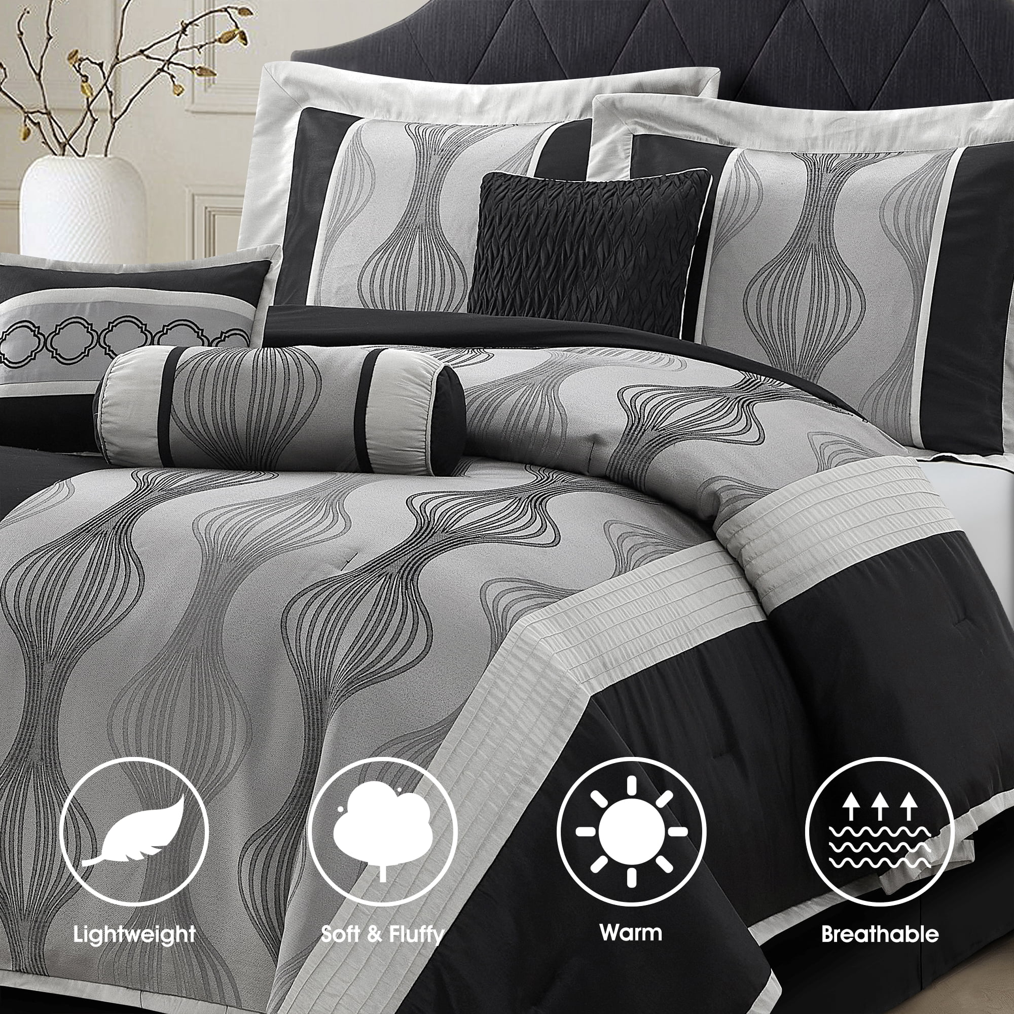 Lanco Black and Silver Comforter Set Queen Size, 7 Pieces Bedding & Collection, Jacquard All Season Comforter & Pillows, Ultra-Soft Microfiber