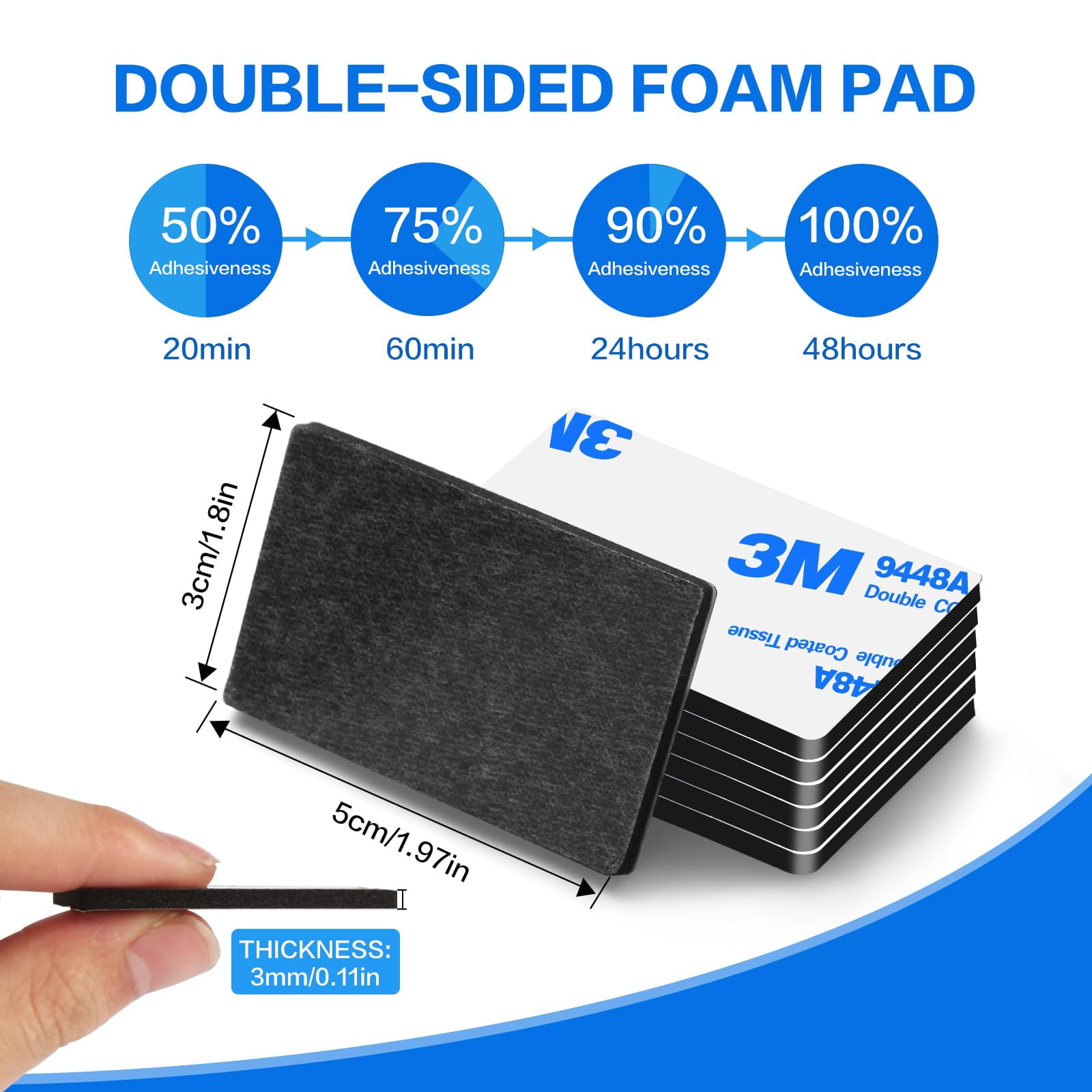 Double Sided Adhesive Pads,Heavy Duty Mounting Tape,48Pcs 3mm Eva Foam Super-Sticky Black Strong Pads Rectangle Waterproof for Walls Car Home Office