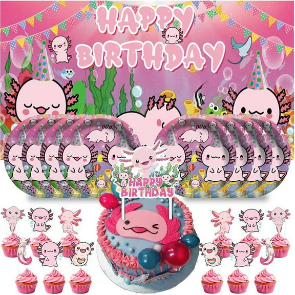 Axolotl Birthday Cups Party Supplies Decor Backdrop Paper Plates Fans Decorations Banner