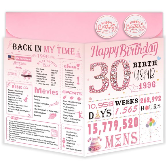 Tarjeta de cumpleaños OLOSONG 30th para mujer con datos curiosos 1996