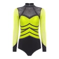 thumbnail image 3 of Raenseen Womens Gymnastics Leotards Rhinestone Bodysuit Mesh Long Sleeve Figure Skating Jumpsuit Fluorescent Yellow L, 3 of 5