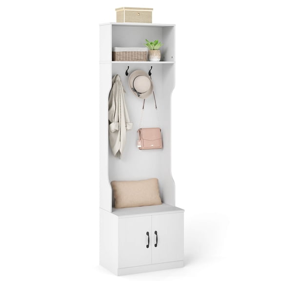 Costway 3-in-1 Hall Tree wirh Bench Storage Adjustable Shelves Hanging Hooks for Entryway White