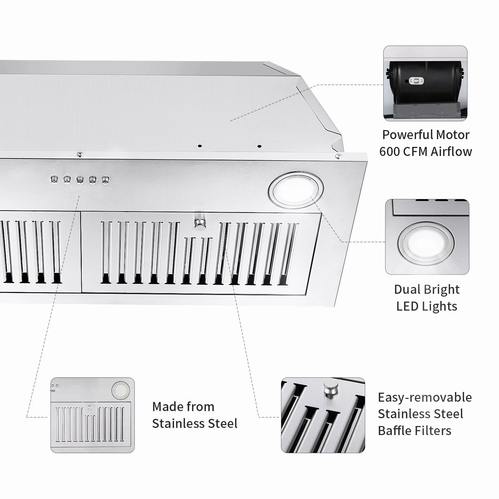 Range Hood 30 inch Insert Vent Hood 600 CFM Built-in Stainless Steel Range Hood Powerful Exhaust Vent Fan