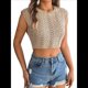 thumbnail image 1 of Suéter de Punto de Verano para Mujer, Chaleco Informal de Corta con Cuello Redondo y Canalé, Camiseta Sin Mangas. Caqui L, 1 of 10