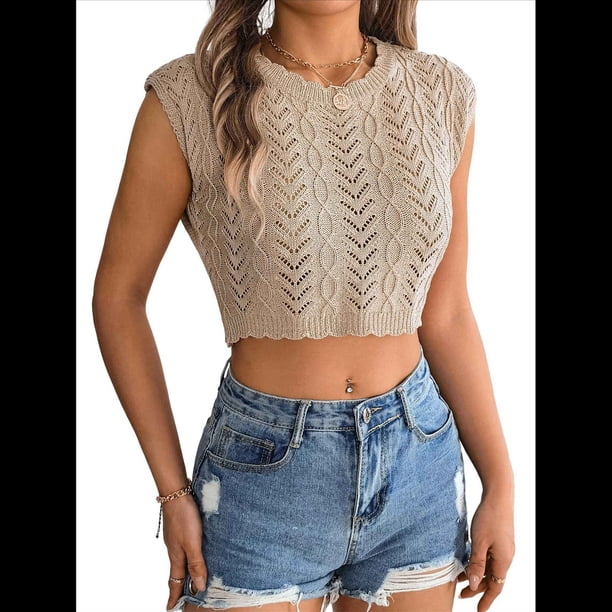 Suéter de Punto de Verano para Mujer, Chaleco Informal de Corta con Cuello Redondo y Canalé, Camiseta Sin Mangas. Caqui XL