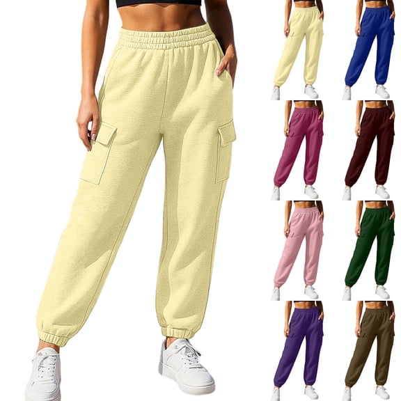 Women's Fashion Solid Casual Sweatpants, Elastic Stretch Waistband Storage Side Pockets Light Fabric, All Season Versatile Daily Sport Long | TruHer,Blue L