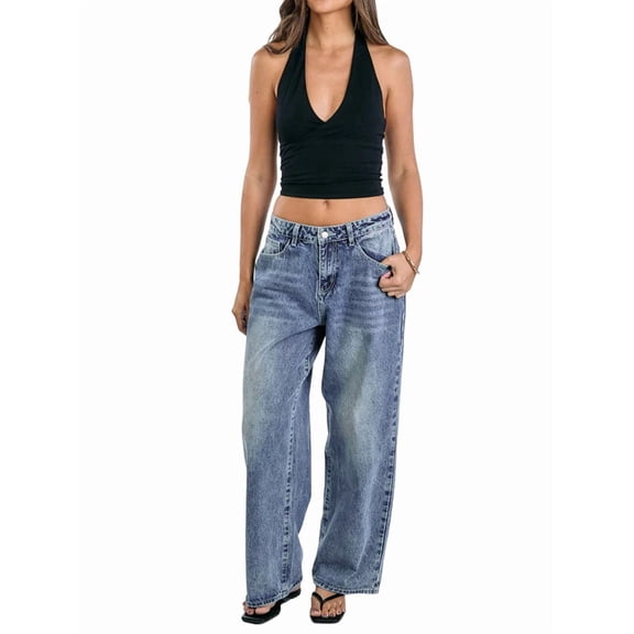 Women Y2k Low Rise Baggy Jeans Loose Fit Boyfriend Straight Wide Leg Jeans Trendy Stretch Long Denim Pants Blue XL