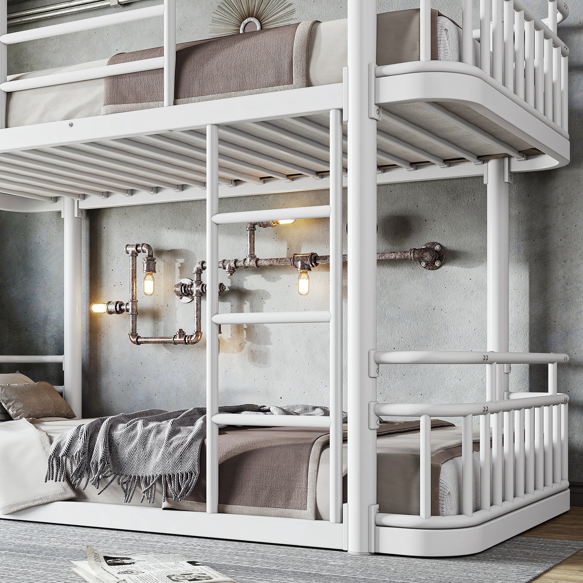 Twin XL Over Twin XL Bunk Bed 81.5 Inch, Metal Bed Frame with Ladder and Guardrails for Teens Adults, Sturdy Round Pipe Construction, No Box Spring Needed, White