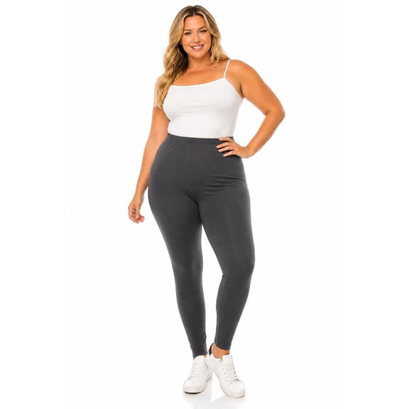 Women's Plus Size Microfiber Full Length Solid Leggings, Soft Stretch High Waist Pants