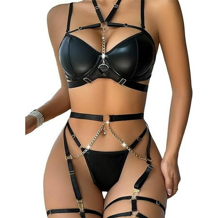 SkyAuks Underwire Strappy Push Up Garter Belt Lingerie Set  XL