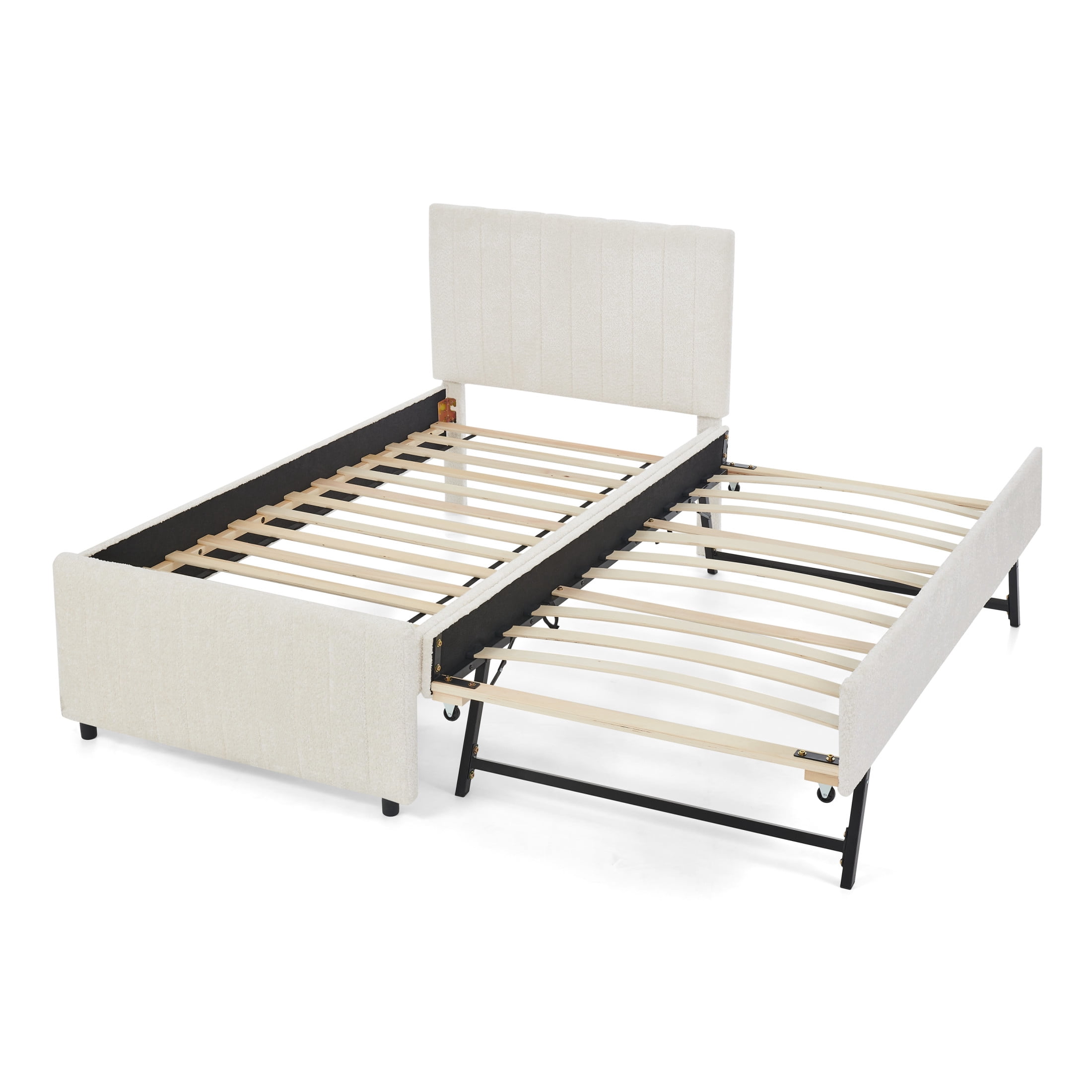 Noble House Fioren Twin Size Chenille Upholstered Bed Frame, Space Saving Daybed with Hidden Trundle, Beige