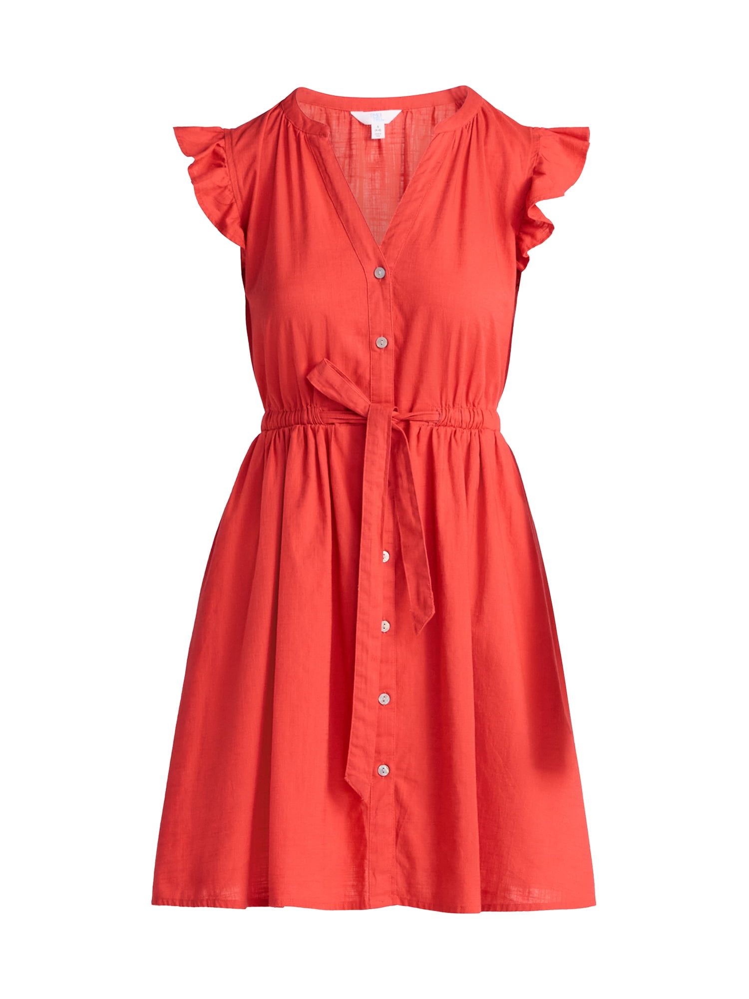 Time and Tru Women's and Women's Plus Button Front Cotton Mini Dress with Flutter Sleeves, Sizes XS-4X