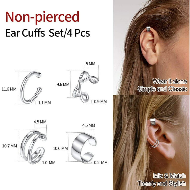 ChicSilver 4 PCS Ear Cuffs Non Piercing S925 Sterling Silver Earrings Sets  Cartilage Earring Jewelry Various Style (Silver)