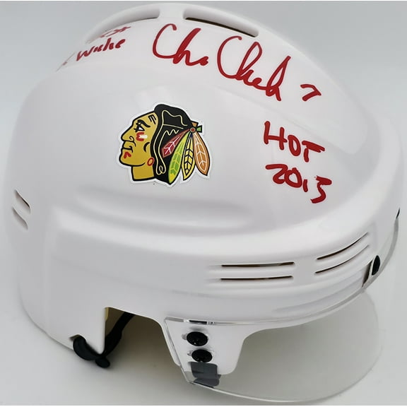 Chris Chelios Autographed Chicago Blackhawks White Speed Mini Helmet "To Jose Best Wishes HOF 2013" Beckett BAS QR #BS30487