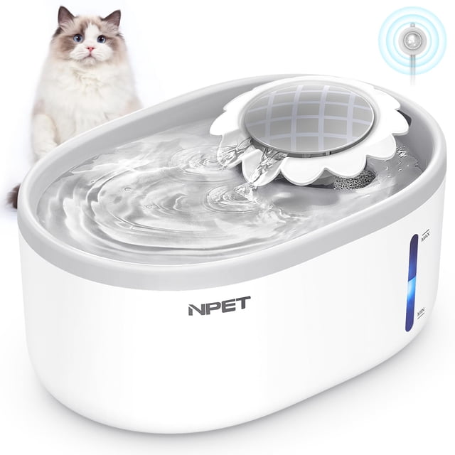 Fuente de agua NPET Cat White Grey de 2 litros con nivel de agua visible